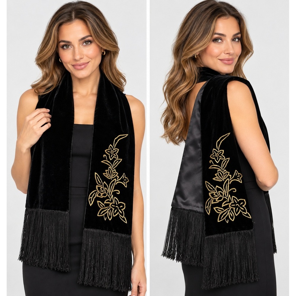 Talbots Black Silk Velvet Scarf Gold Floral Embroidery Fringe Evening Wrap
